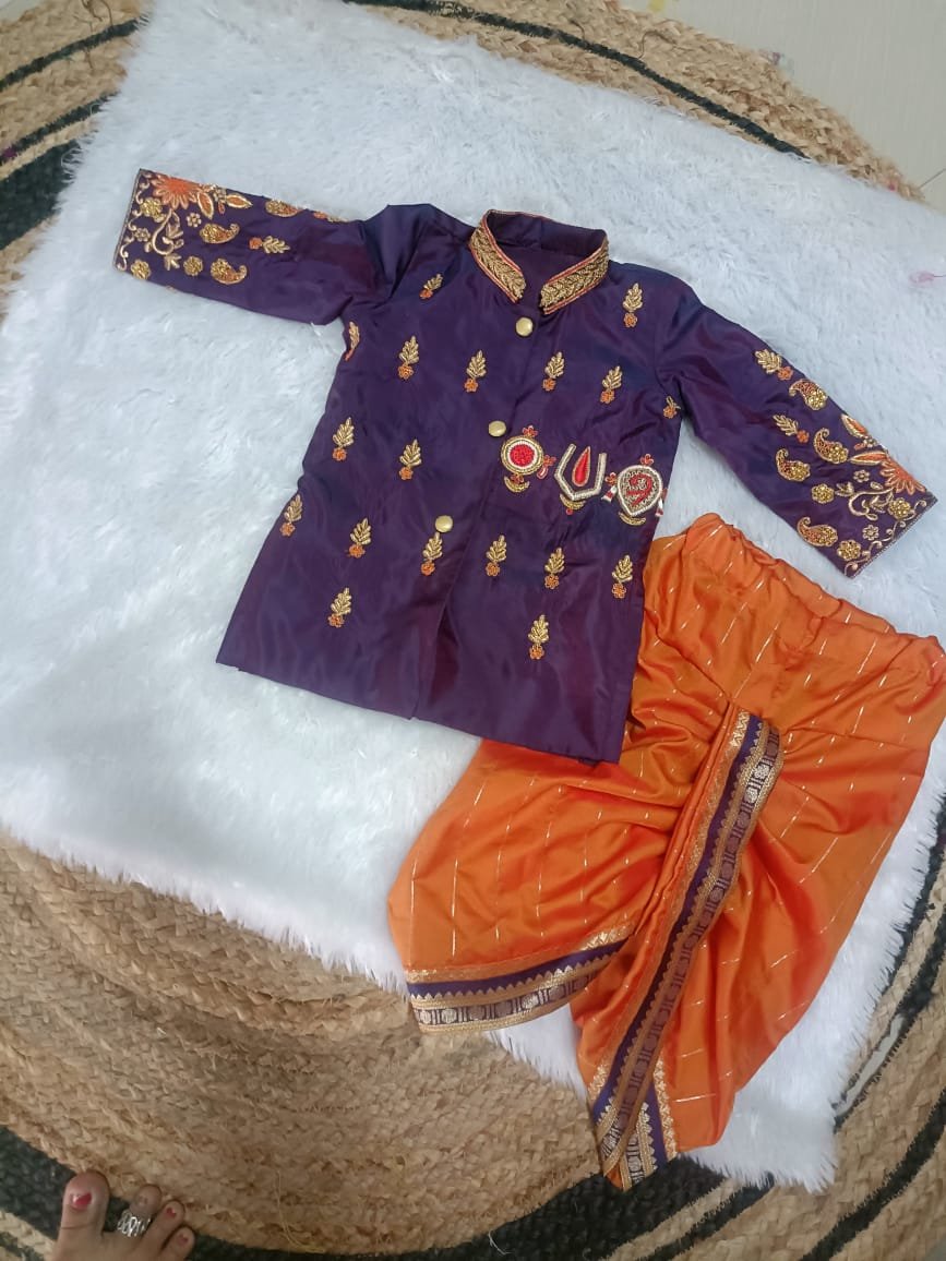 Purple Kurta with Tirupathi Symbol and Dhoti - Image 3