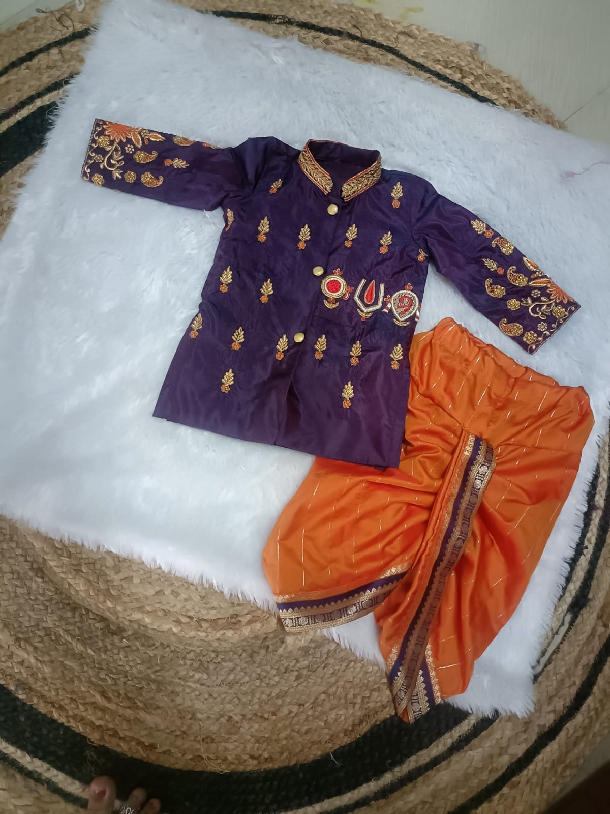 Purple Kurta with Tirupathi Symbol and Dhoti - Image 2