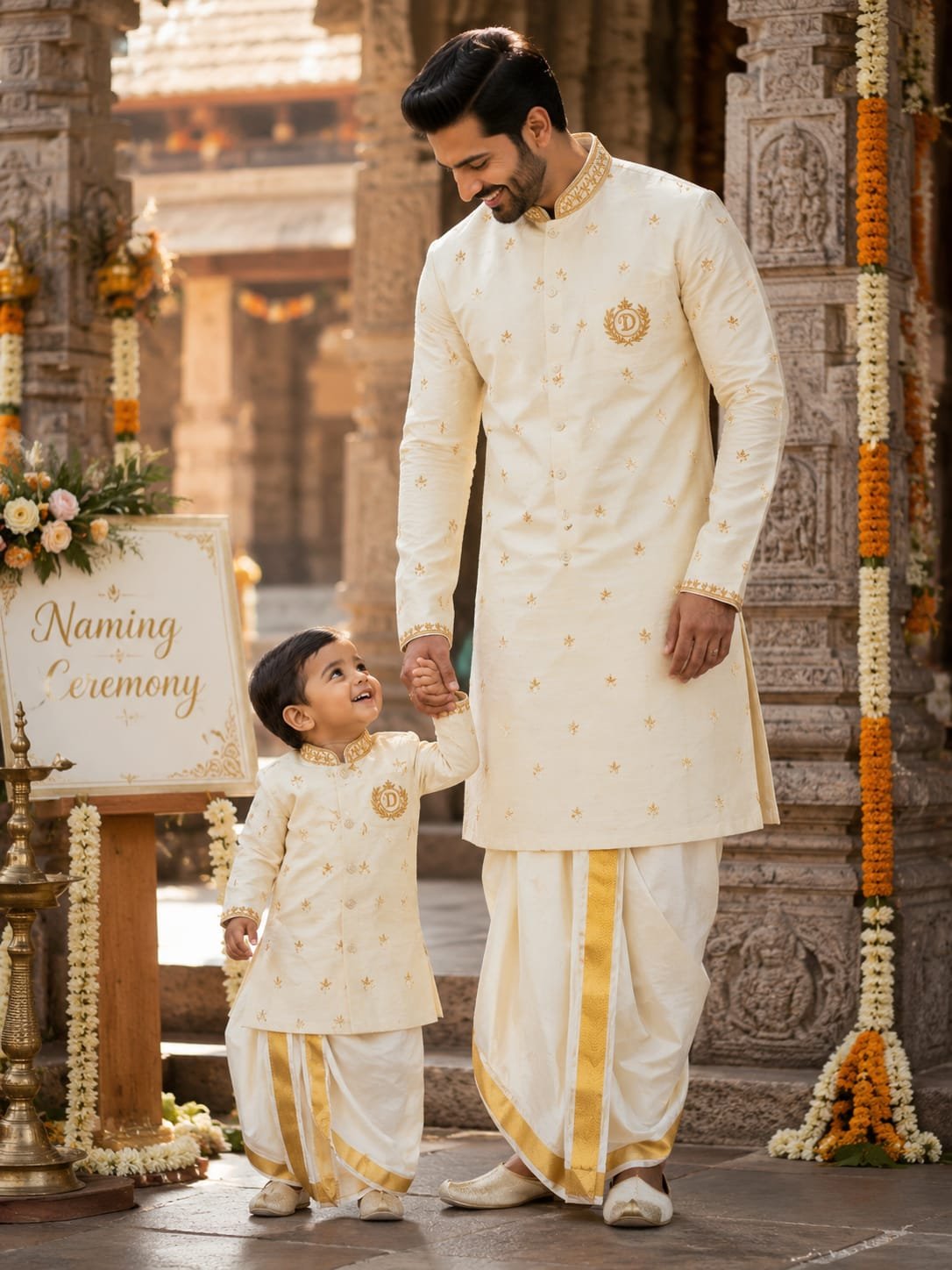 Cream and Gold - Raw/Cotton/Semi Silk with Initial Embroidery