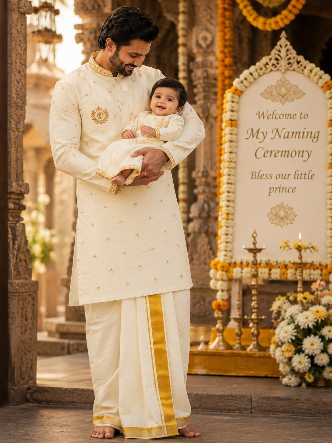 Cream and Gold - Raw/Cotton/Semi Silk with Initial Embroidery - Image 3