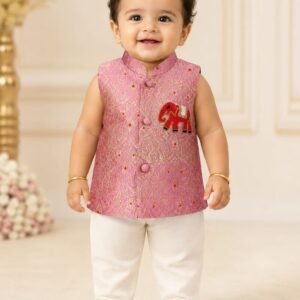 SBC17_ Sleeveless Banarasi Brocade Kurta & Cotton Pant Set with Hand-Embroidered Elephant Motif_ Rose pink with White