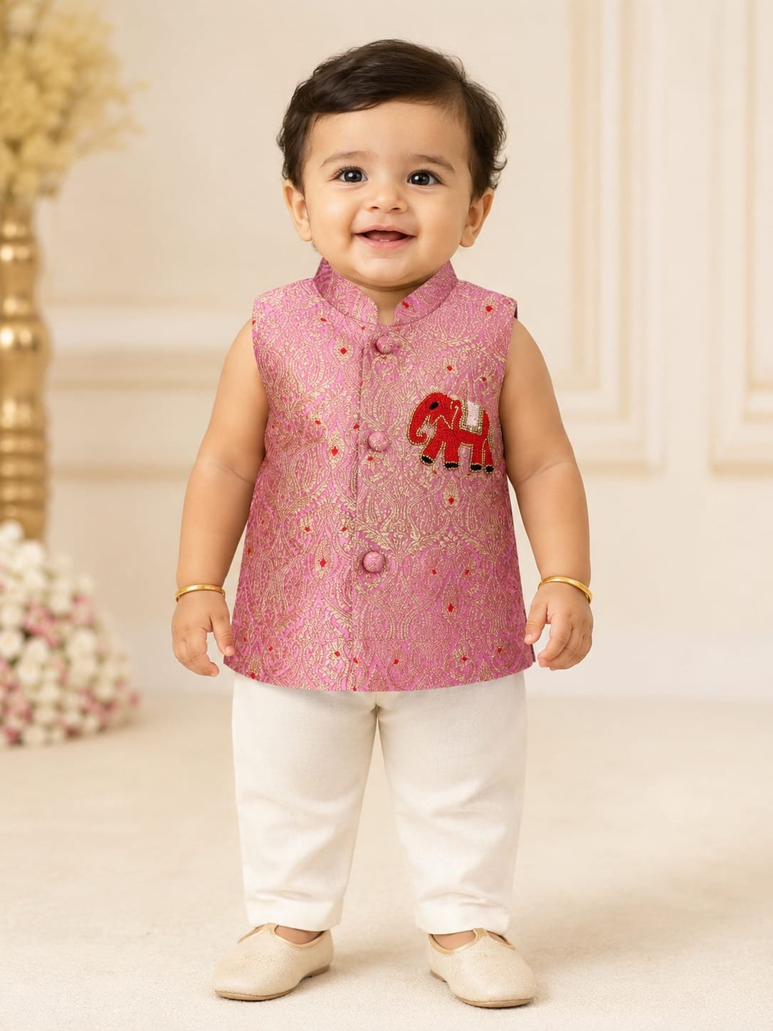 SBC17_ Sleeveless Banarasi Brocade Kurta & Cotton Pant Set with Hand-Embroidered Elephant Motif_ Rose pink with White